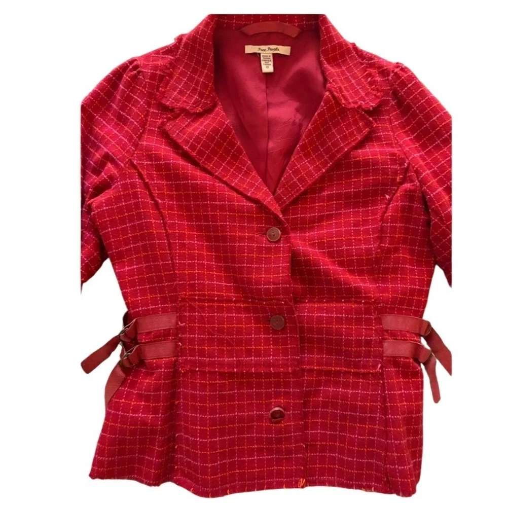 Free People Red Plaid Blazer Jacket‎ Leather Buckle Waist Women's Size 12